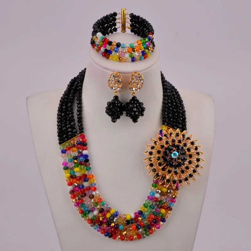 Красивый зеленый желтый кристалл бисерные ожерелья костюм нигерийские Свадебные африканские бусы Набор украшений для женщин 5SZK005 - Окраска металла: Black Multicolors