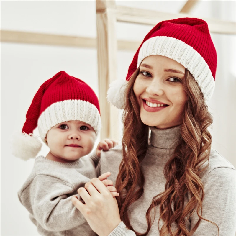 Parent-child Beanie Hats Set for Winter Skiing - Mama and Mini, Soft Headwear with Fur Ball, Thickened Knitted for Warmth and Christmas Gifts (2pcs