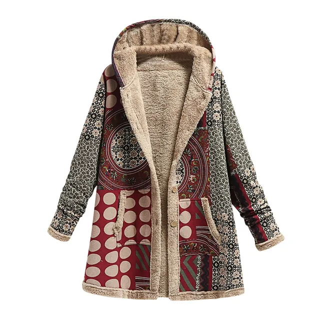 Winter Vintage Women Coat Warm Printing Thick Fleece Hooded Long Loose Jacket with Pockets For Ladies