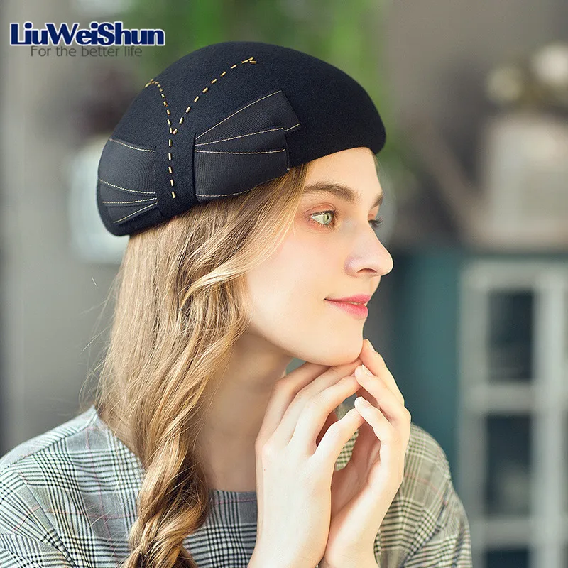 

2019 Hot Sale Wool Air Hostesses Beret Hat Base Cap Autumn/Winter Warm Purl Wool Cap Fancy Elegant Cap Air Stewardess Hat