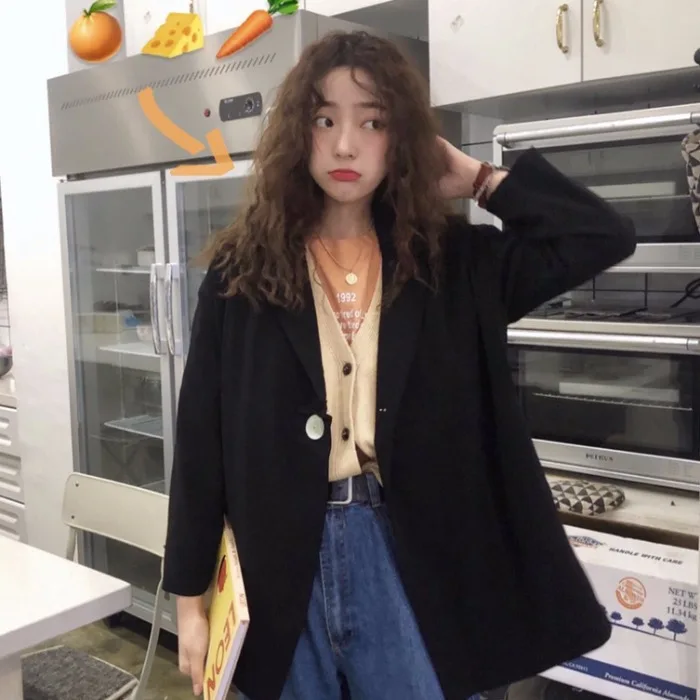 

2019 Spring Clothing New Style Hepburn-Style Black And White with Pattern Suit Jacket Women's Korean-style Loose Casual Mid-leng