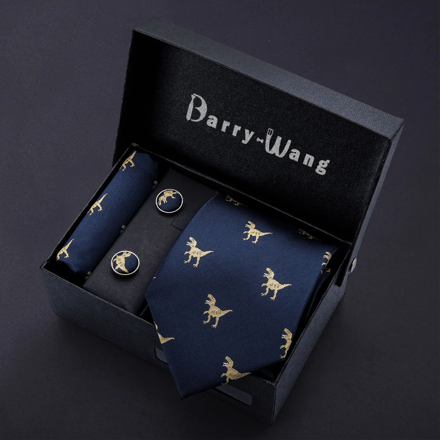 

Dinosaur Men Ties Blue Gold Silk Mens Wedding Necktie Handkerchief Gift Box Set Male Ties For Men Gift Barry.Wang Gravat BB-5191