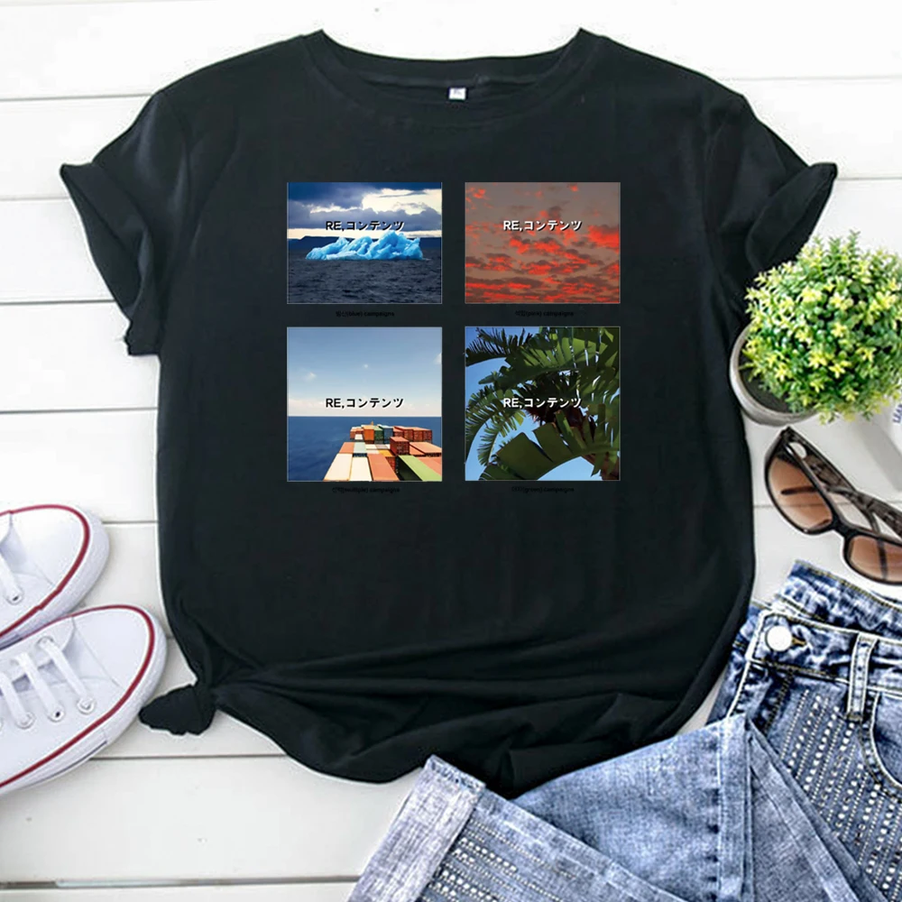 T-Shirts Jigsaw Landscape Japanese Letters Women'S Tshirts Funny Korean Style Woman T Shirt Oversize Fashion Women Tee Shirts