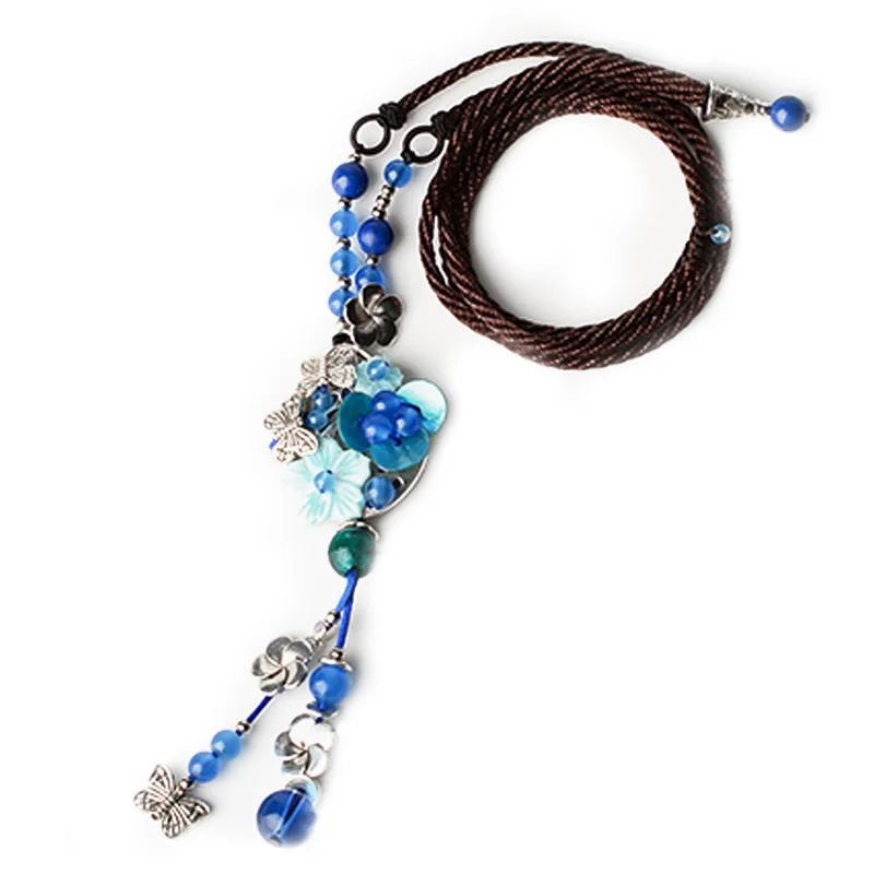 

Vintage Pendant Necklaces Women Ethnic Shell Flower Suspension Necklace Blue Stone Sweater Necklace