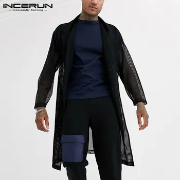

INCERUN Mesh Men Long Outerwear Shirt Solid Long Sleeve Open Stitch See Through Sexy Fashion Streetwear Party Mens Tops Cardigan