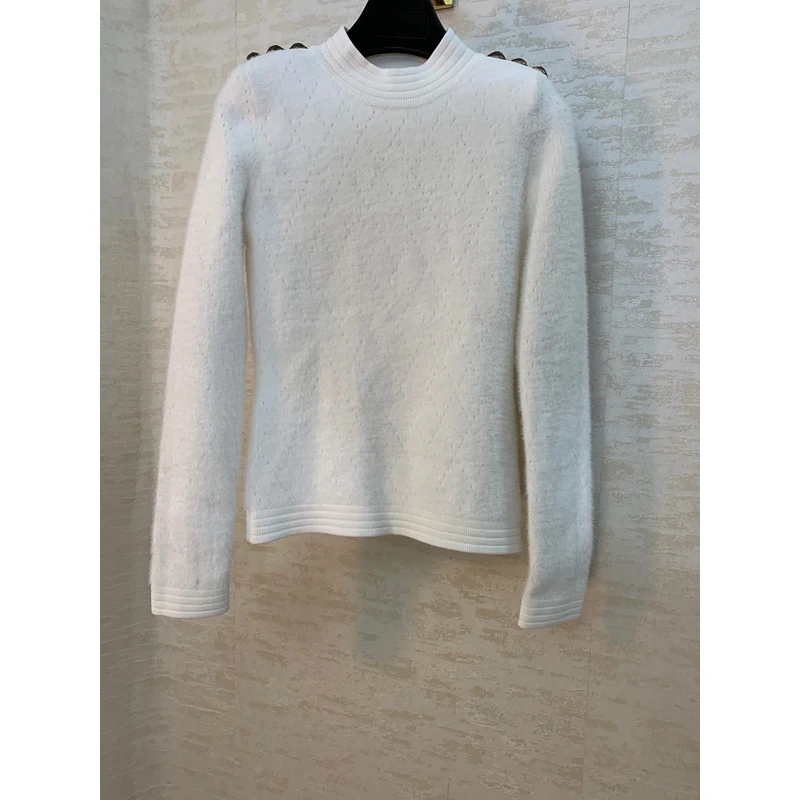 

Comfortable Soft Knitwear 10.28 Autumn Winter Fashion Gold Button Decoration Mock Neck Slim Knitted Pullover Sweater Women