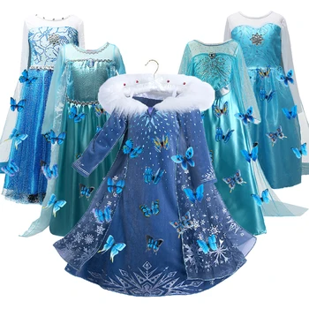 

4-10 Years Fancy Cosplay Princess Dress Anna Elsa Kids Costume Snow Print Halloween Party Dress Vestidos Children Girls Clothing