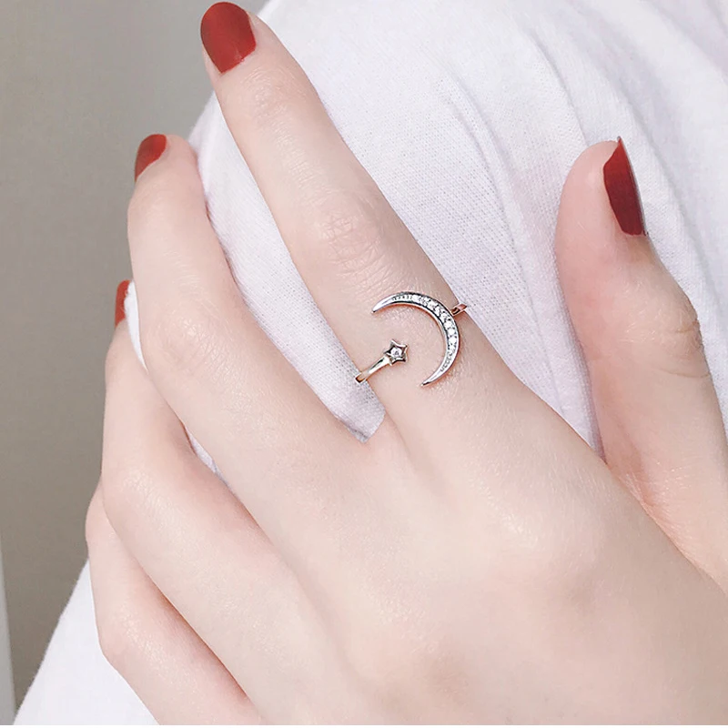 Простой Циркон Луна Звезда 925 пробы серебряные кольца для женщин Девушка регулируемый размер S-R467