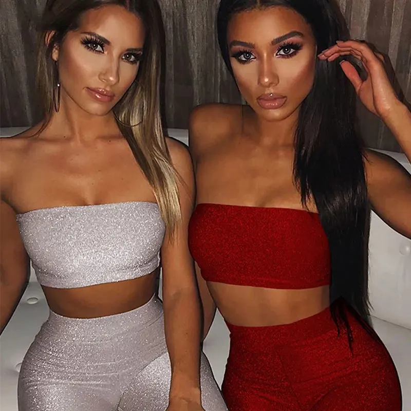 Tanie Ceremokiss Sexy błyszczący brokat pajacyki kombinezon damski stroje odzież klubowa pasujący zestaw Crop najlepsze spodnie bez ramiączek Playsuit