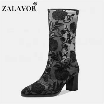 

ZALAVOR Women Mid-Calf Boots Mesh Breathable Shoes Woman Sexy Solid Color Embroidery Ladies Ethnic Mujer Footwear Size 34-41