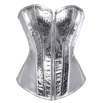 

Women Vintage Style Corset Bustier Top Gold Silver Overbust Corset Leather Nightclub Sexy Korsett Lingerie Strapless