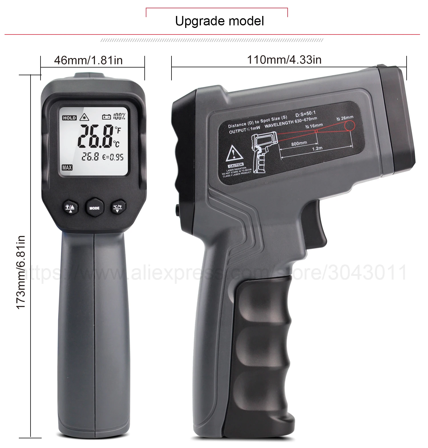 Digital Infrared Thermometer -50~380/550/750/1100/1300/1600 degree Single/Double laser Non-Contact Thermometer Gun thermometer flexible tape measure