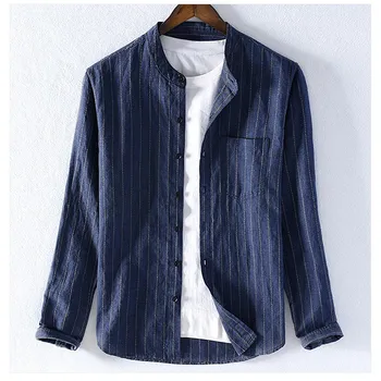 

Autumn New Style Men's stand collar long sleeve Linen Shirt Stripe Cotton hemp casual shirts beach hemp material tops men 9301