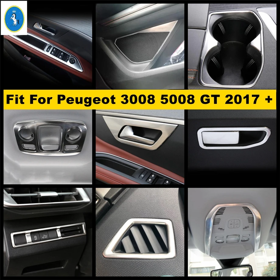 

Car Door Speaker Air AC Cup Holder Door Bowl Lift Button Panel Cover For Peugeot 3008 5008 GT 2017 - 2022 Silver Interior
