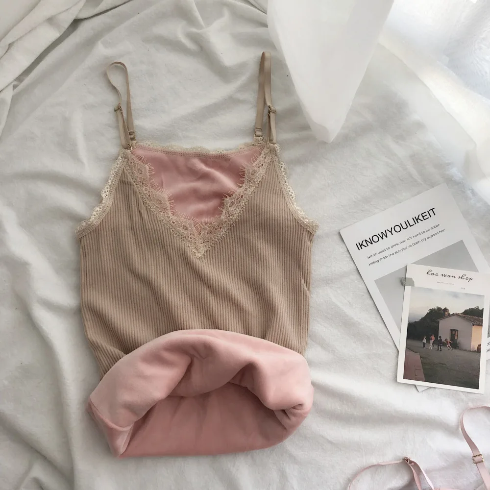 Women Velvet Lace Thermal Vest Fleece Second Thermal Slim Winter Warm Pajamas Underwear Vest Thick O Neck Female Pink Tank Tops
