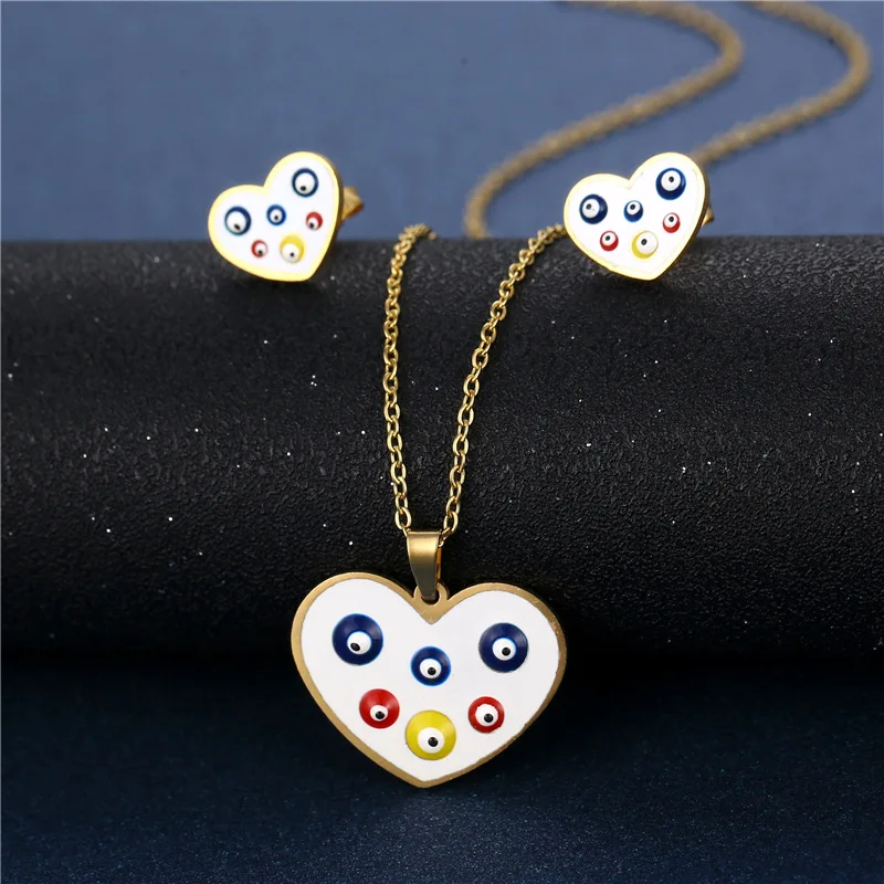 1 Pcs Stainless Steel Necklace Evil Eyes Heart Earrings For Women Top Quality Clavicle Chain Jewelry Christmas Gift Turkish Styl