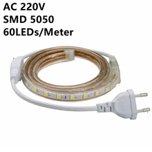 AC220V SMD 5050 Светодиодные ленты гибкий светильник 60 светодиодный s/M Водонепроницаемый светодиодный лента светодиодный светильник с Мощность штекер Адаптер длиной 1 м/2 м/5 м/8 м/10 м/15 м/20 м/ 50 м/100 м