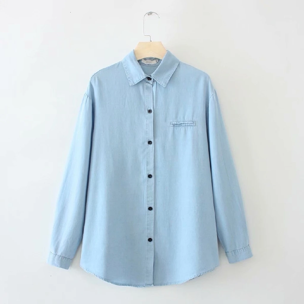 

Plus Size vrouwen Licht Denim Blouse Lange Mouwen Officewear Blouses Casual Tops