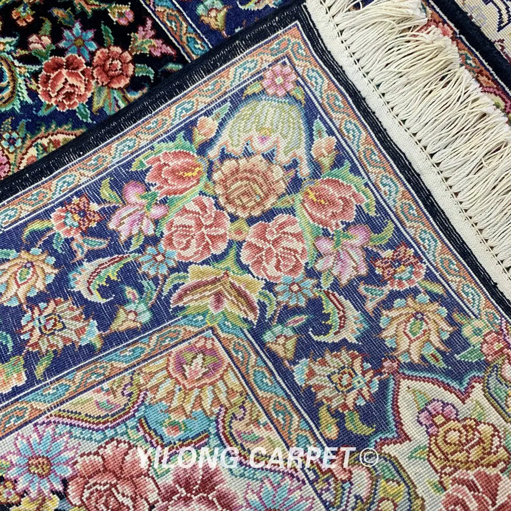 Yilong 2,5 'x7. 5' восточные Шелковые Ковровой Дорожкой темно-синие Изысканные Ручной работы Восточный ковер runner (0373)