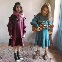 Иностранный стиль; модное платье с длинными рукавами и оборками для девочек; сезон весна-осень; детское свободное платье-свитер; цельнокроеное детское платье; P366