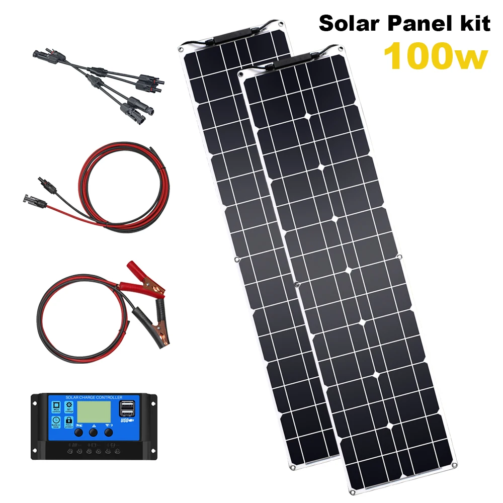 50W Flexible Solar Panel Kit  2PCS 12V 100W Monocrystalline Panel Solar System Lightweight Placa Solar For Camping Boat RV