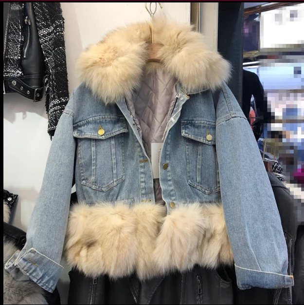 Женская джинсовая куртка из натурального Лисьего меха, уличная короткая хлопковая джинсовая куртка, теплая Женская куртка - Цвет: Бежевый