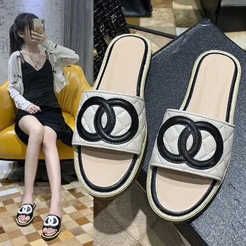 

Fisherman's slippers women 2020 new flat sole thick soft sole color matching straw plaited flat sole lazy one foot Lefu shoes