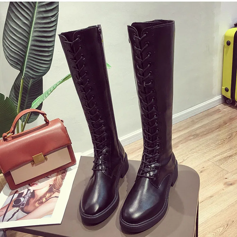

Knee-high long tube boots woman cross-tied motorcycle botas mujer chunky red&white knight botines side zipper cool girl footwear