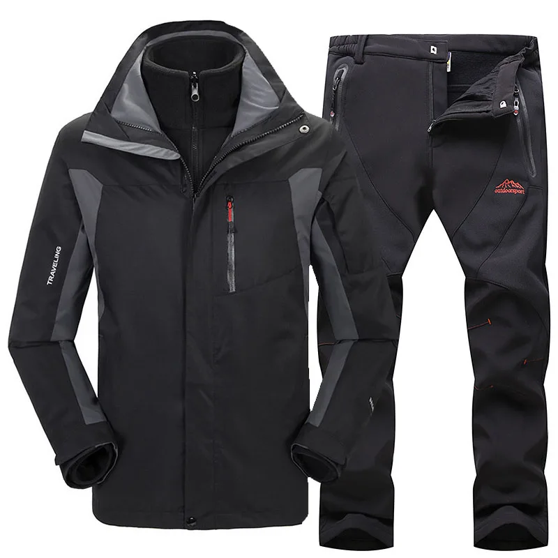 Плотный теплый лыжный костюм для мужчин, водонепроницаемая ветрозащитная Лыжная и Сноубордическая куртка, брюки, комплекты для улицы, для снега, кемпинга, походов, куртка, комплект - Цвет: Black