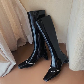 

New Female Knee High Boots crystal Decoration Side Zipper low Heels women boots Winter Party Working Shoes Woman