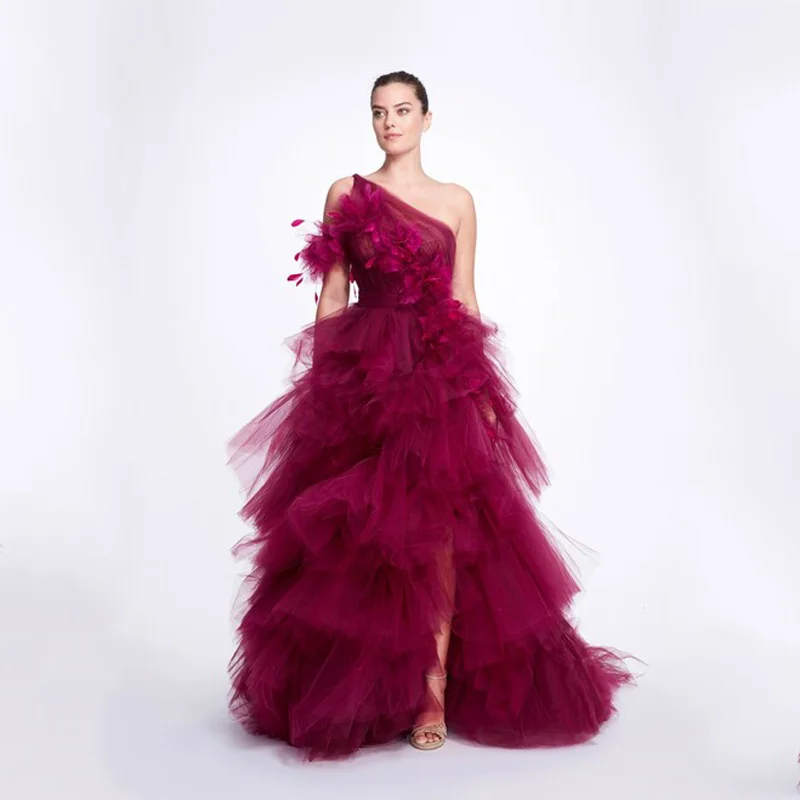 

Plus Size Maternity Prom Dresses One Shoulder Lace Appliques Photo Evening Dress Customized Tiered Ruffles Side Split Party Gown
