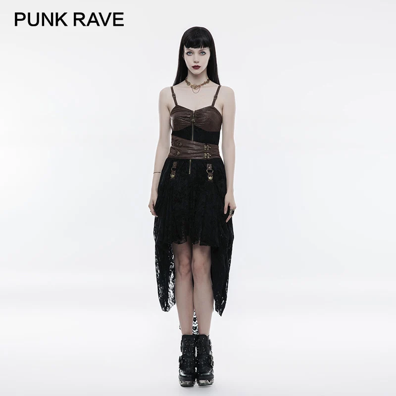 

PUNK RAVE Vintage Women Steampunk Dress Gothic Back Brown Adjust Length Lace Dresses Fashion Cosplay Party Punk Strap Dress