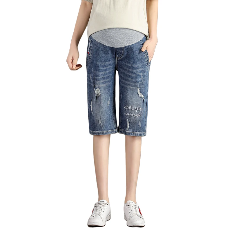 326#1/2 Стрейчевые джинсовые рваные короткие джинсы с вышитыми буквами для беременных летние шорты для беременных женщин - Цвет: Синий
