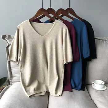 

Soft V-neck Simple Knitted Tee Pullover Solid Color Thin Half Sleeves Sweater