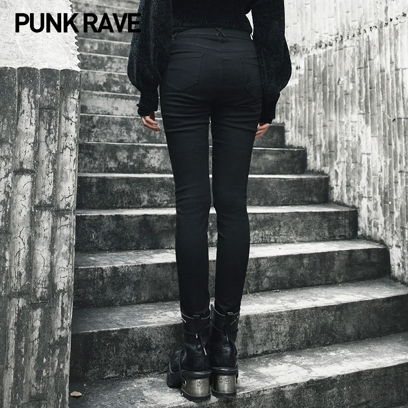 Женские джинсы стрейч с дырками PUNKRAVE черные повседневные облегающие брюки