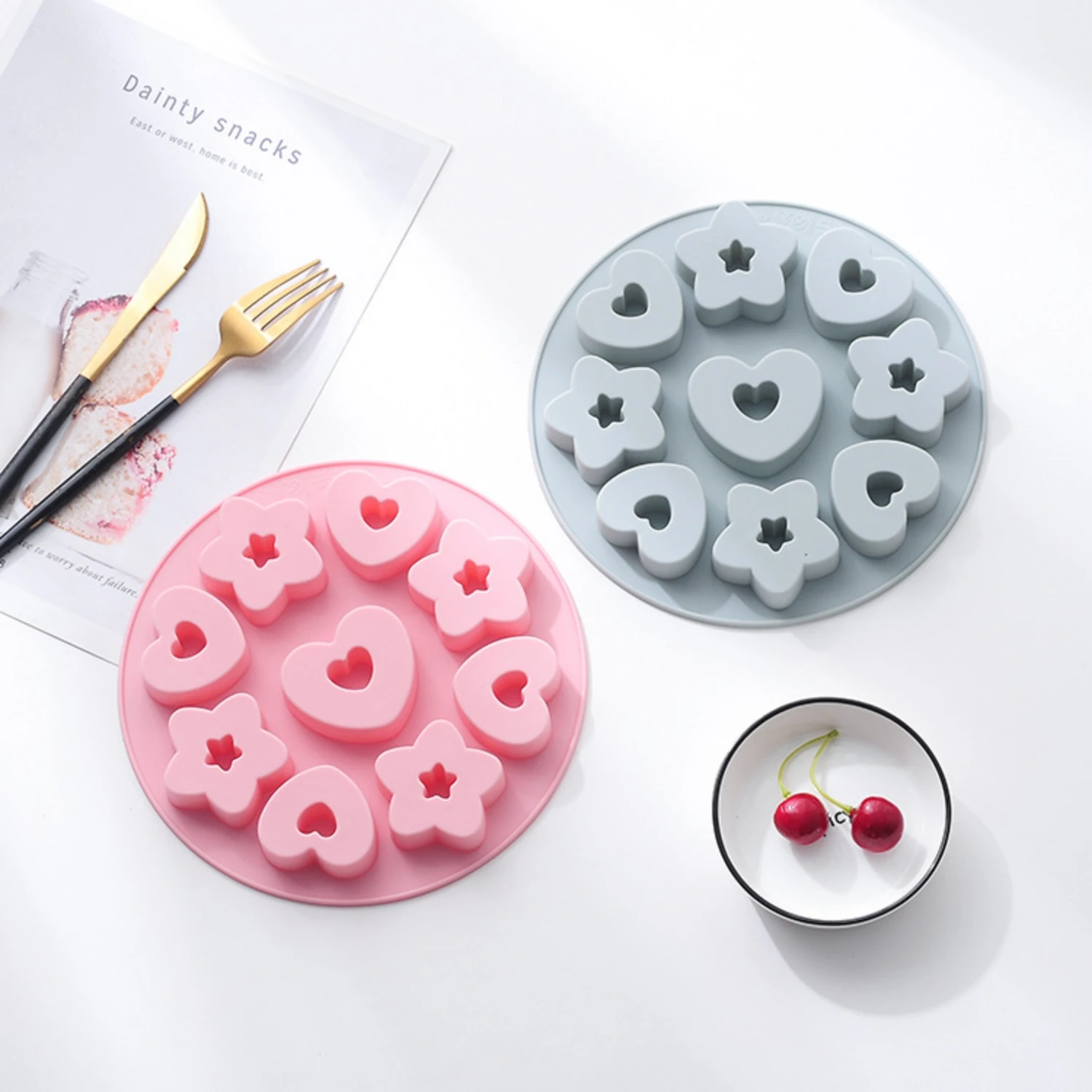 

New 9 Cells/heart-shaped Donut Silicone Mold Five-pointed Star Cake Chocolate Mold Baking Mold Children's Food Supplement Box