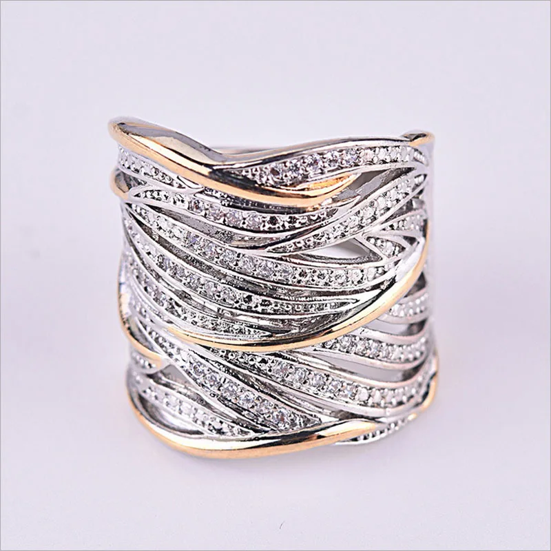 Многослойные обмоточные циркониевые кольца для мужчин и женщин, роскошные обручальные кольца из серебра и золота, двухцветные Кристальные кольца на палец, Bague Femme Z4P371