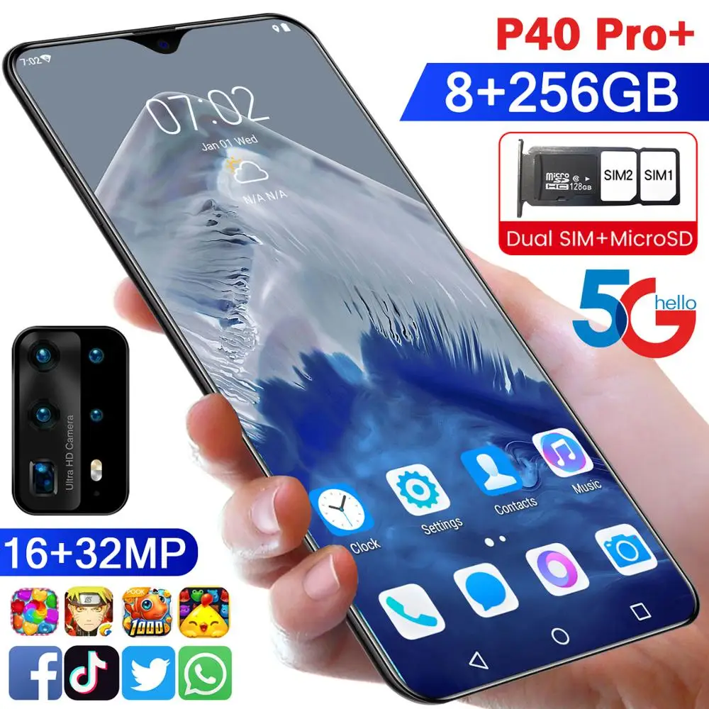 Newest P40 Pro+ Smartphone Android 8GB RAM 256GB ROM 5000mAh Deca Core CPU Mobile Phone In Stock 6.6