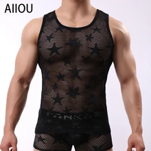 AIIOU для мужчин Прозрачная майка для геев звезда сетчатая рубашка тонкие Топы дышащие прозрачные мужские трусы экзотические вечерние клубная одежда