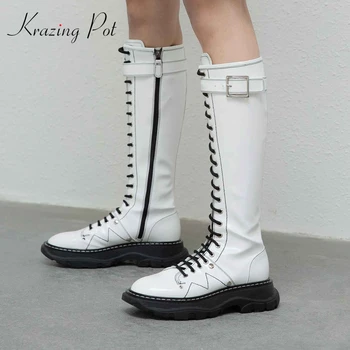 

krazing pot riding boots buckle decorations streetwear thick med heel round toe zipper handsome young girls knee high boots L10