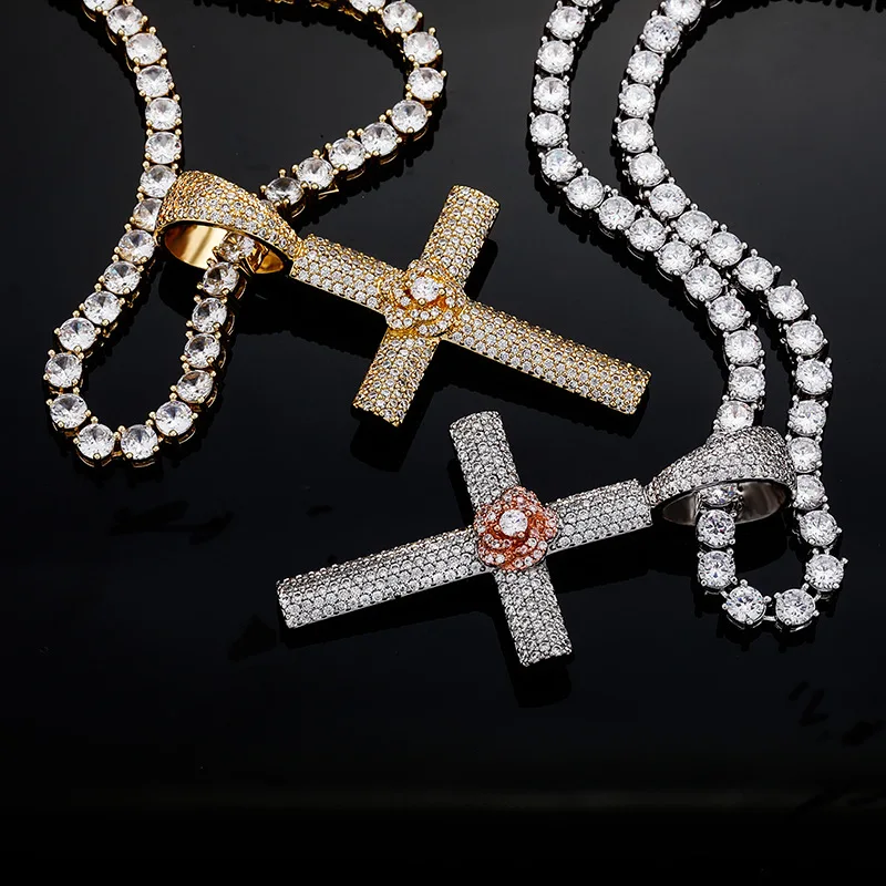 

Hip Hop Micro Paved Cubic Zirconia Bling Ice Out Rose Flower Cross Pendants Necklace for Men Rapper Jewelry Drop Shipping