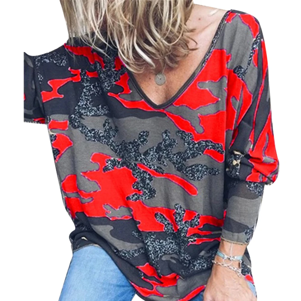 Размера плюс пикантные Camiseta de с капюшоном и Куэльо en V y estampado de camuflaje suelto неофициальных para mujer de otoño