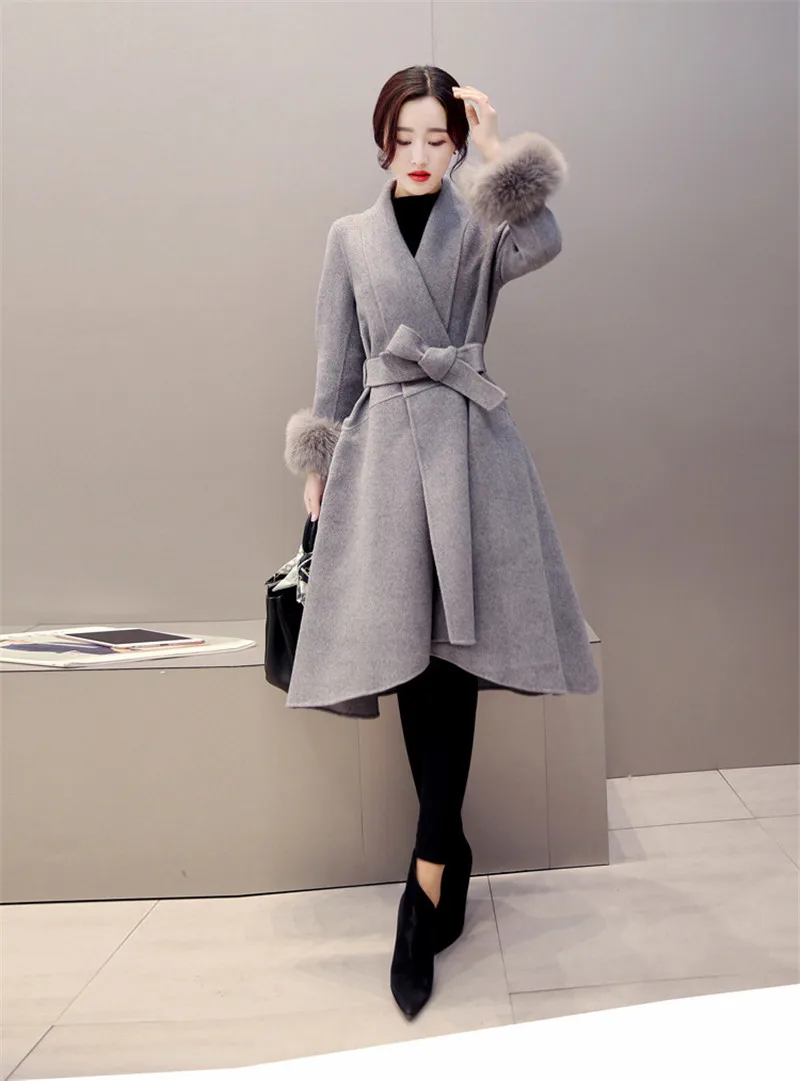 Длинное пальто для женщин зимнее корейское тонкое женское ветровка с имитацией лисьего меха размера плюс 3XL