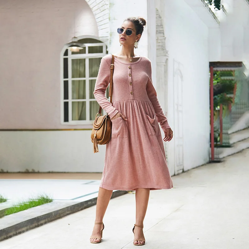 

Women Below-Knee Dress New Long Sleeve Pocket Button Solid Color Fashion autumn elegant a line dress ladies
