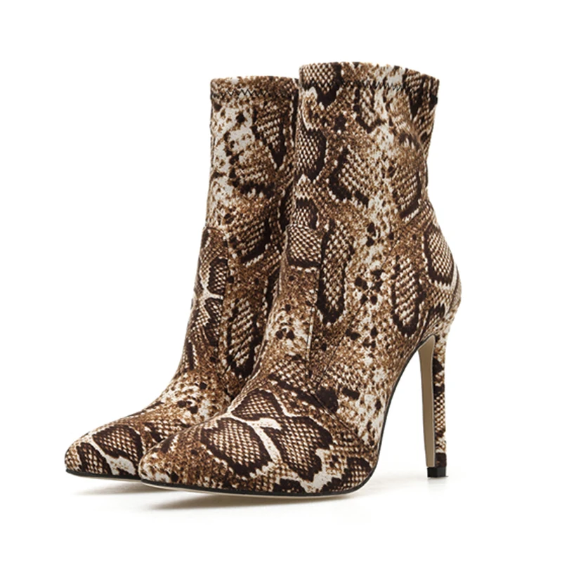 

Ankle snakeskin boots Woman Shoes Sexy High Heels Motorcycle Boots Pointed Toe Short Socks Boot Plus Size Zapatos De Mujer