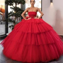 Красная многослойная юбка Пышное Бальное Платье платья принцессы Пышное Платье на выпускной бисерные аппликации пышные платья для девочек