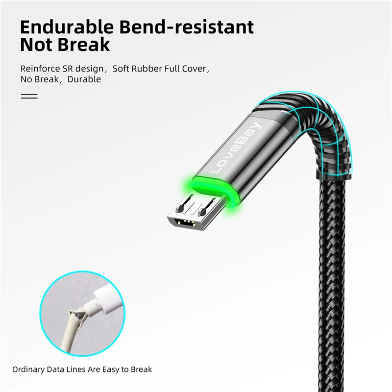 Lovebay LED 2M Micro USB Cable 3A QC 3.0 Quick Charge Wire For iPhone Xiaomi Android Mobile Phone Data Cable Cord Fast Charging