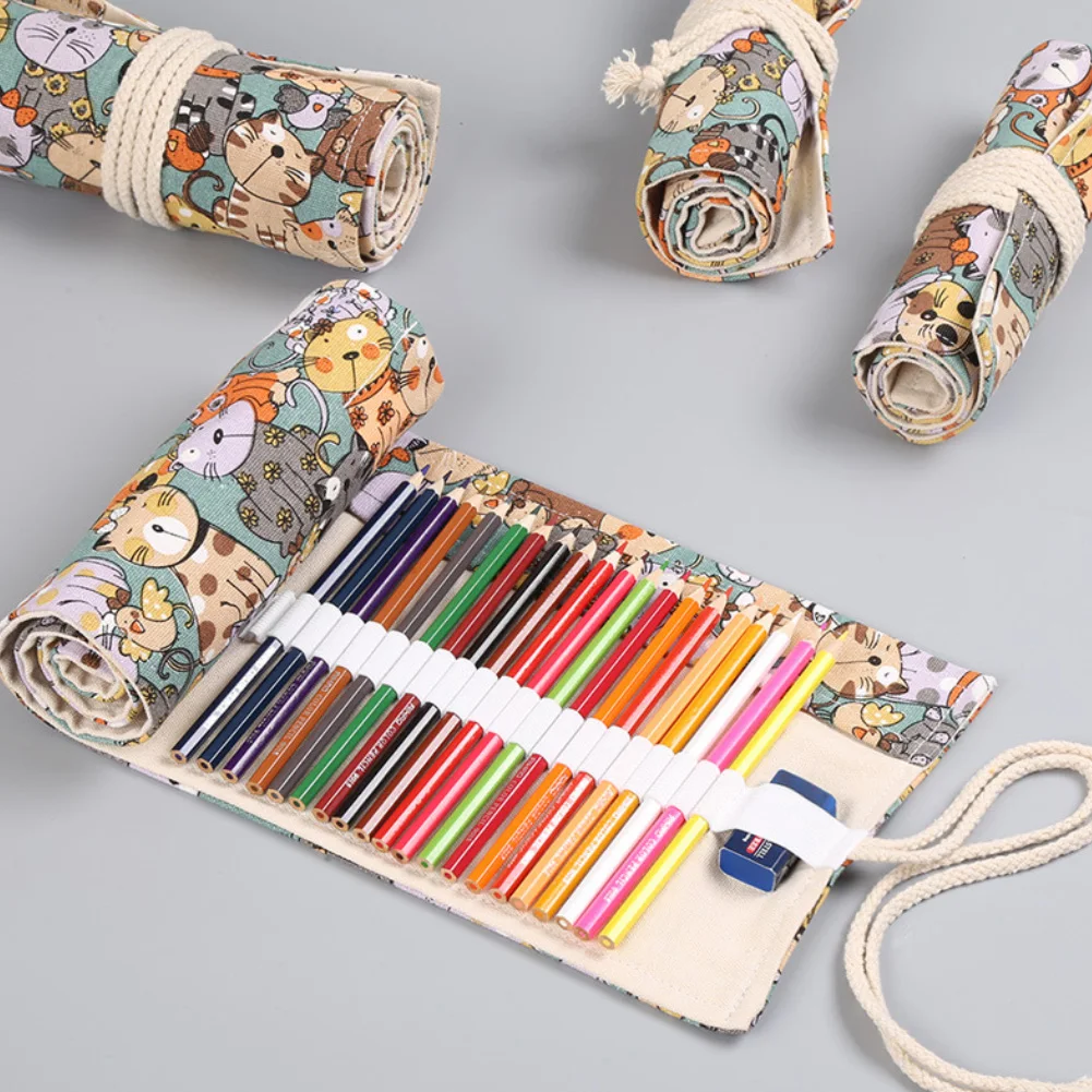 Cute Cartoon Cat School Pencil Case Canvas Penalty 36/48/72 Holes Roll Pencilcase Large Pen Pencil Bag Office Supplies