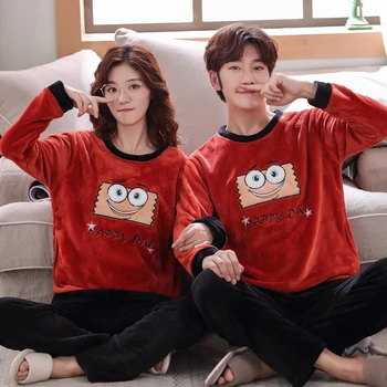 

Korean Autumn Winter Women Thicken Coral Fleece Couple Pajamas Set Pyjamas Cartoon Home Service Plus Size Pijama Mujer