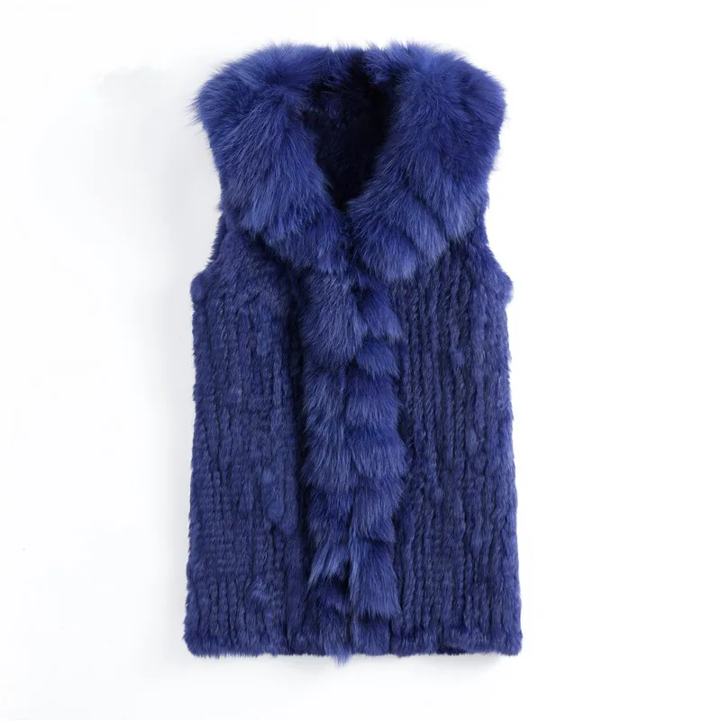 VT901 2020 Autumn Fashion Women Genuine Rabbit Fur Vest With Real Fox Fur Collar Long Lady Casual Coat